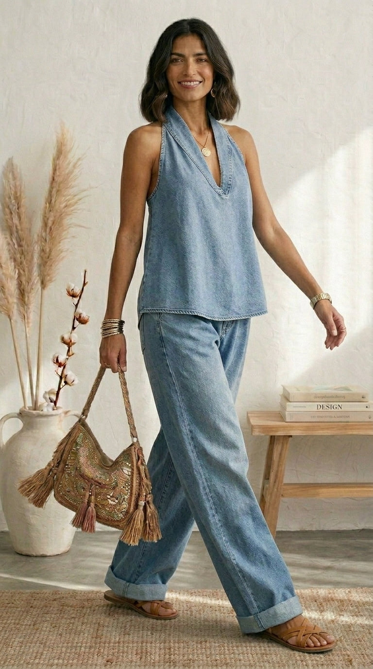 Ariadna Conjunto Azul Verano Pernera Fluida