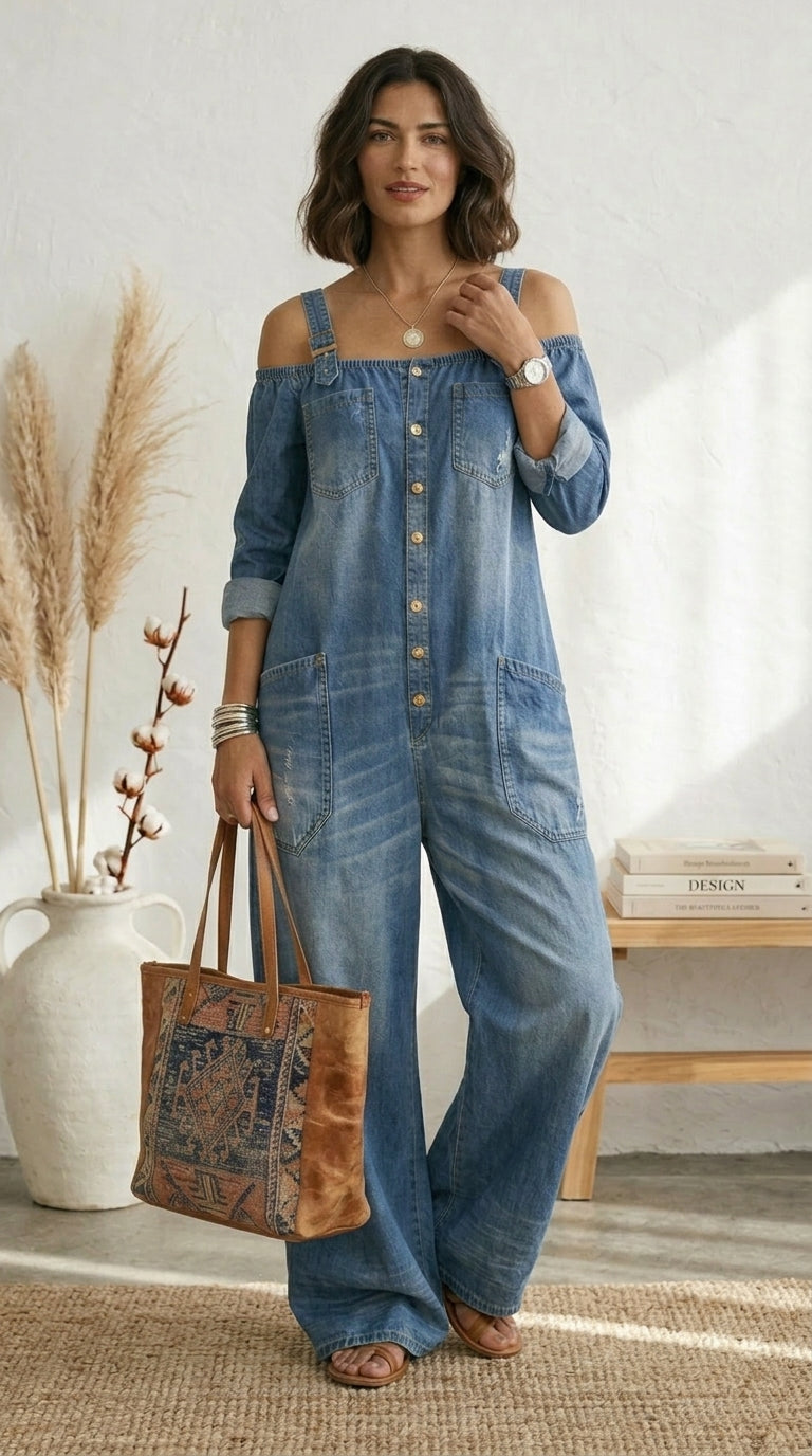 Ruth Mono Azul Off Shoulder Pernera Ancha