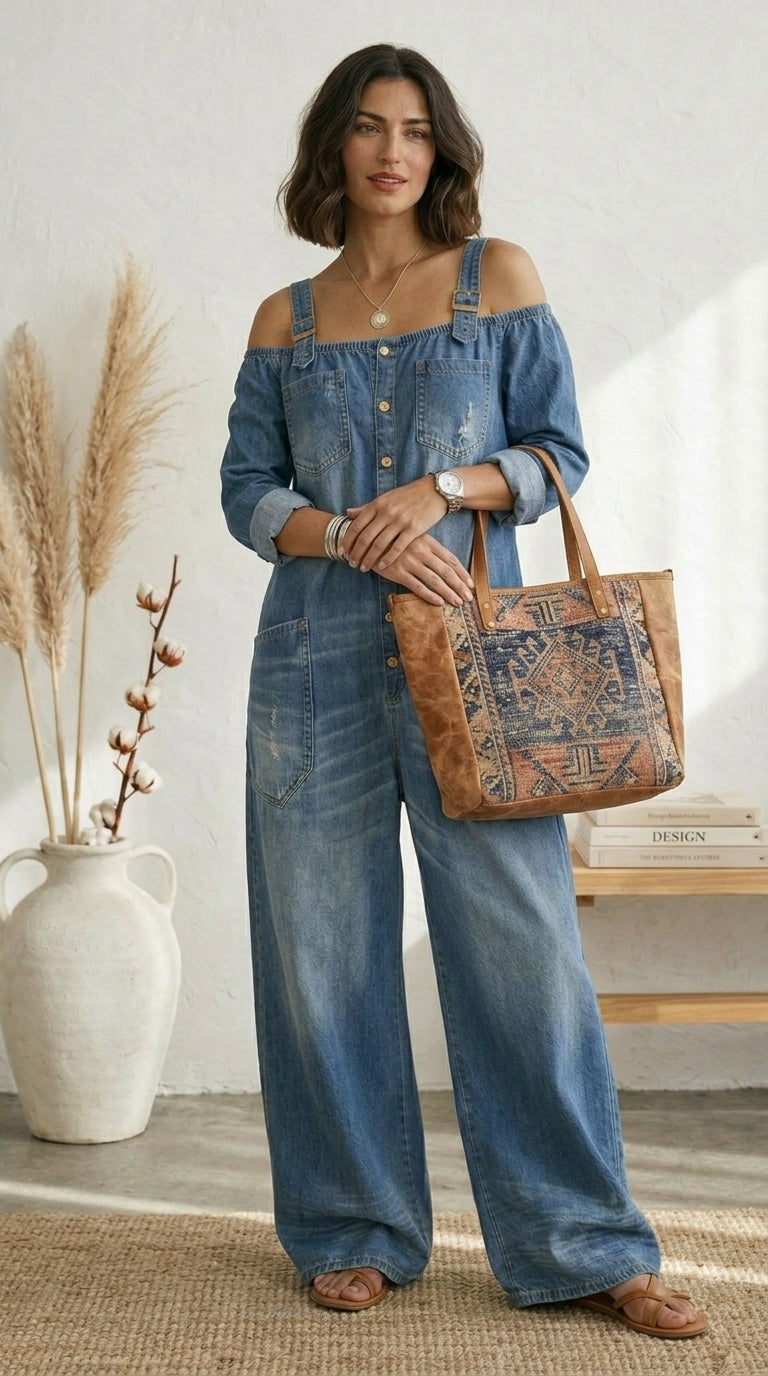 Ruth Mono Azul Off Shoulder Pernera Ancha