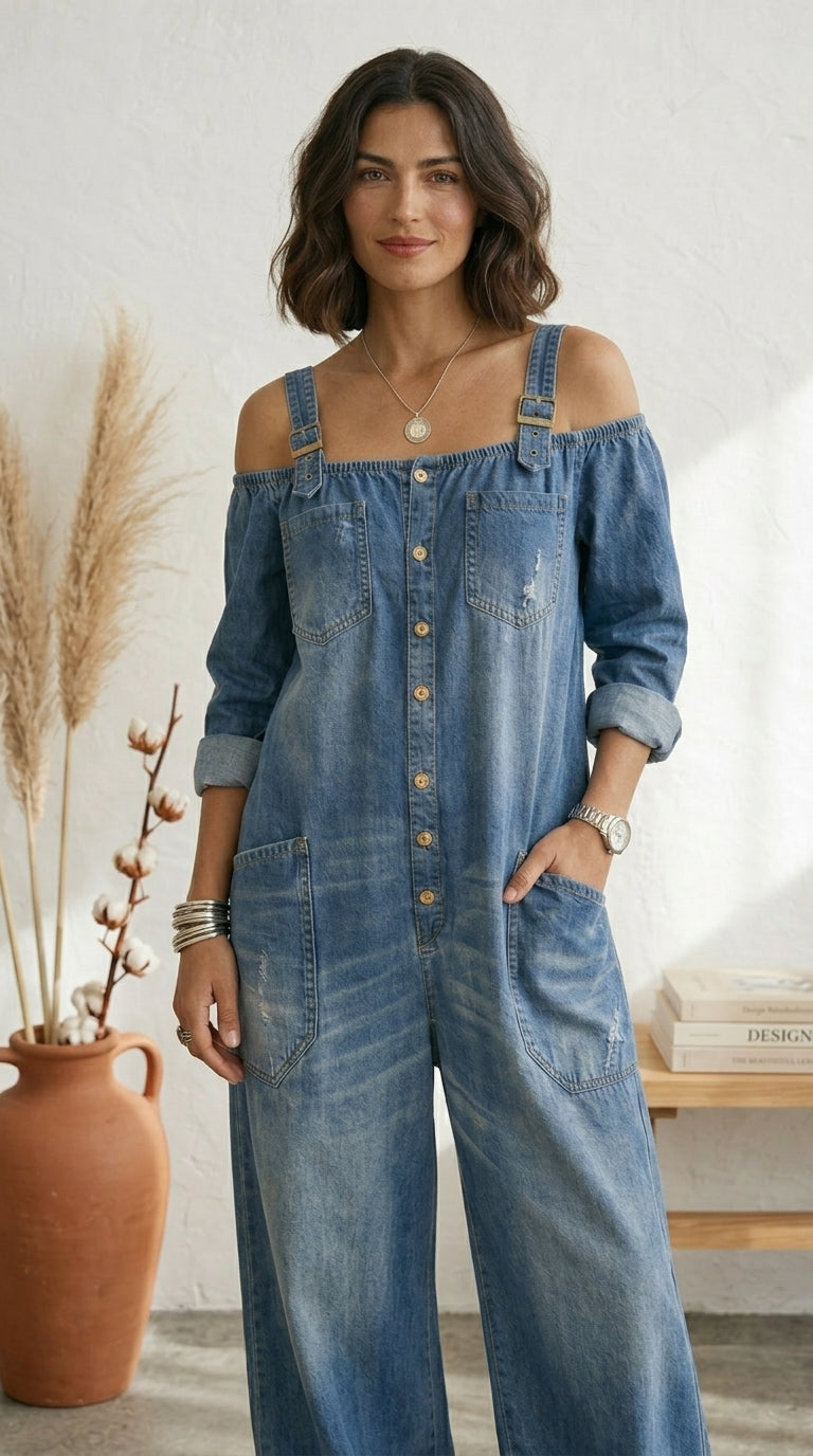 Ruth Mono Azul Off Shoulder Pernera Ancha
