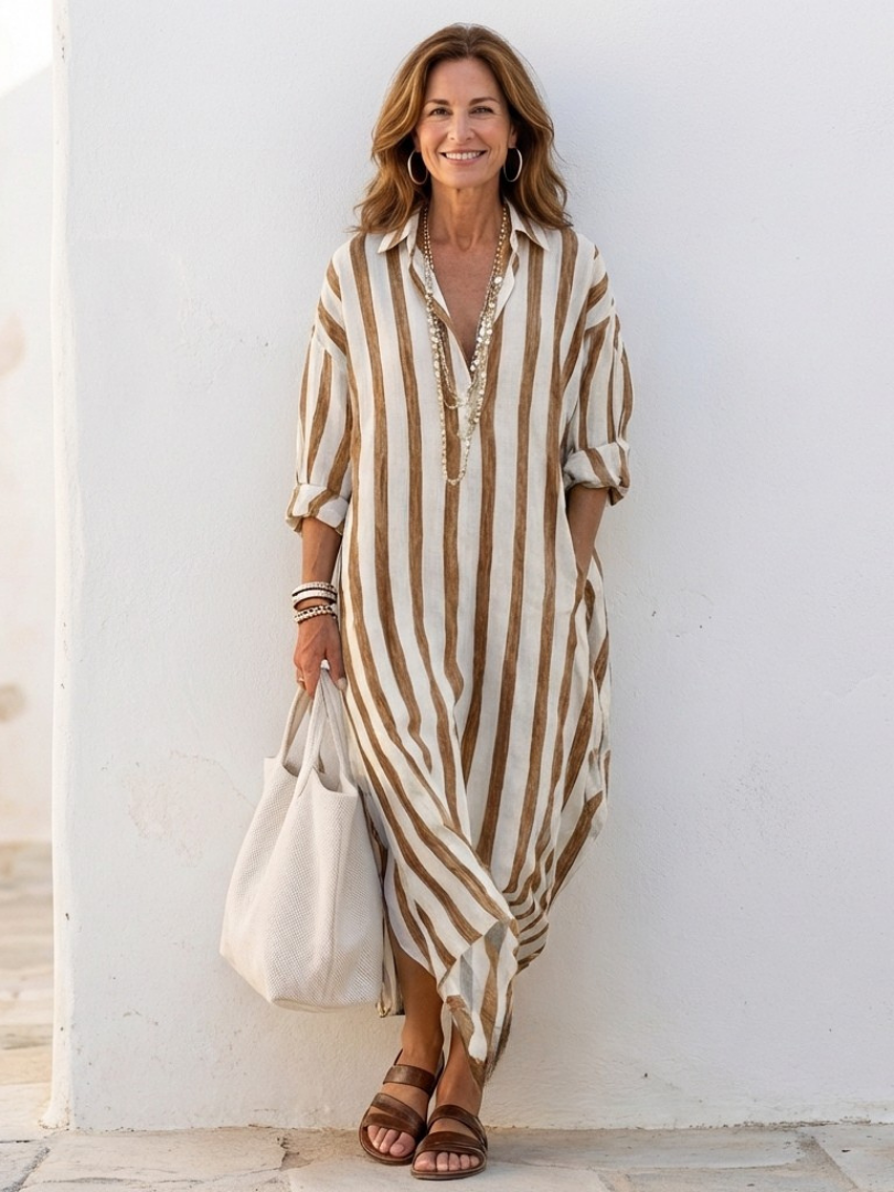 Naomi | Vestido Camisero Midi de Manga Larga a Rayas