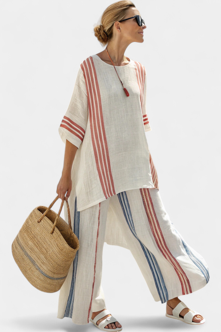 Ludovica – top a rayas multicolor sofisticado y pantalones mediterráneos