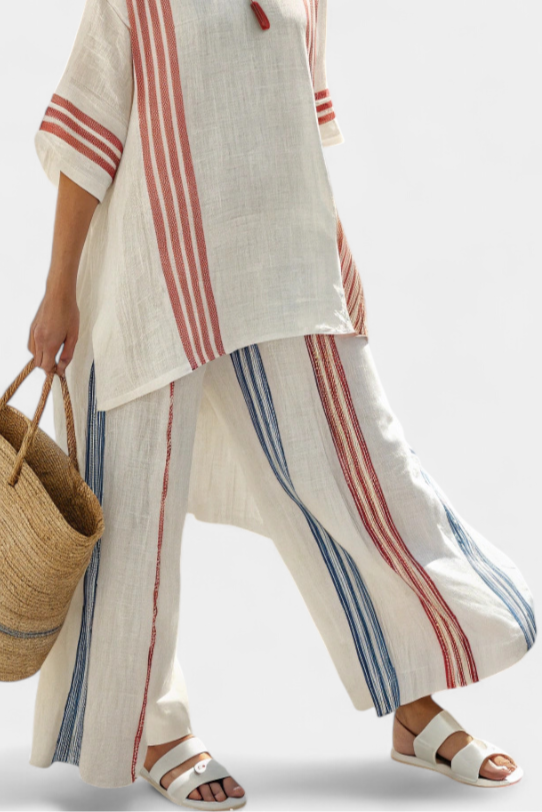 Ludovica – blusa de rayas multicolores sofisticada y pantalones mediterráneos