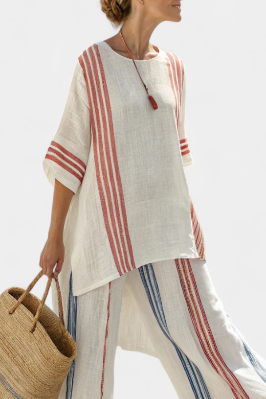 Ludovica – blusa de rayas multicolores sofisticada y pantalones mediterráneos