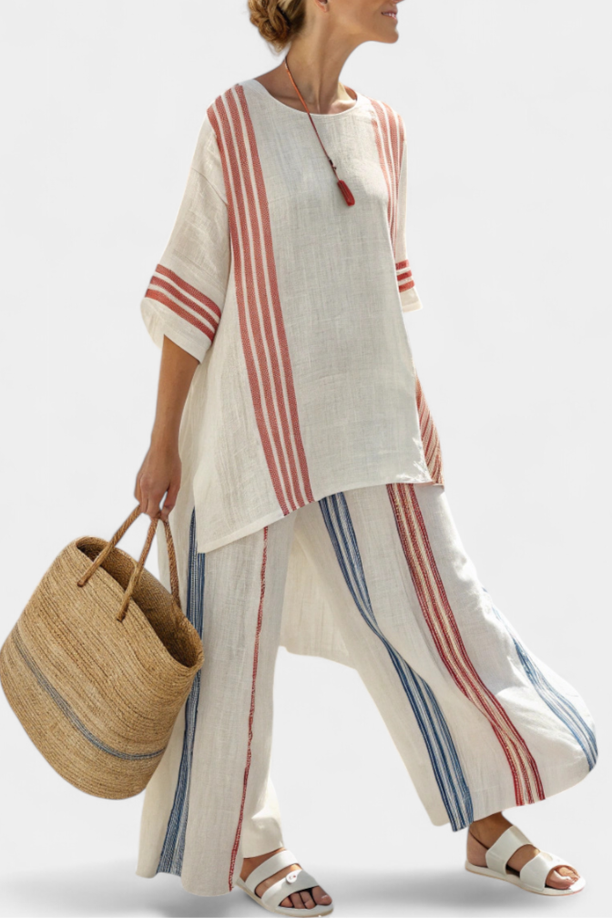 Ludovica – top a rayas multicolor sofisticado y pantalones mediterráneos
