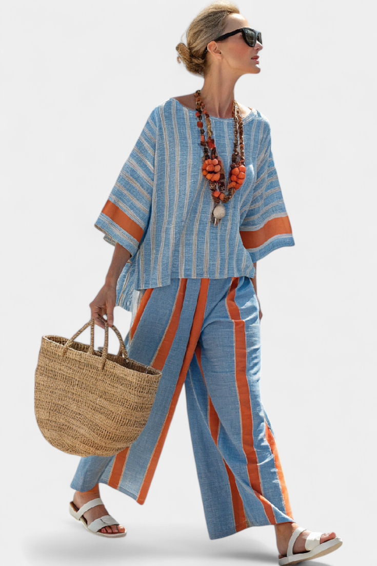 Valeria – top estriado terracota sofisticado y pantalones de lino