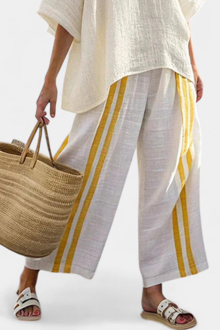 Arianna – top de lino a rayas amarillas elegante y pantalones de pierna ancha