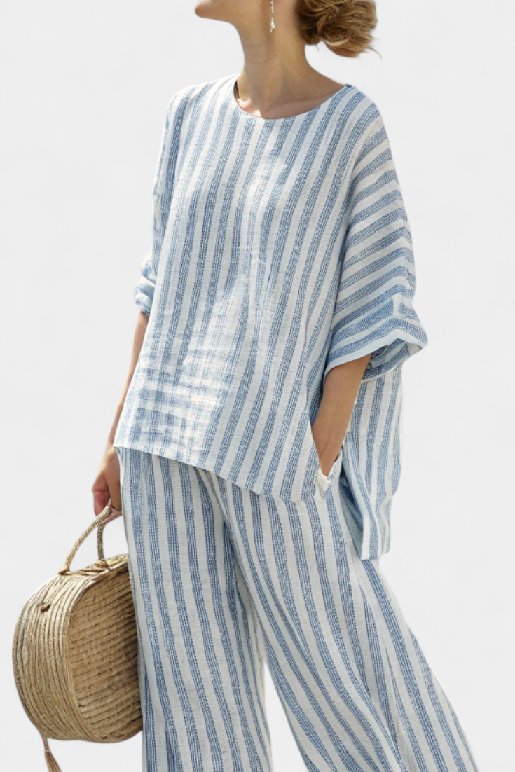 Federica™ | Conjunto elegante de lino a rayas azules