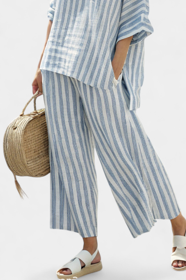 Federica™ | Conjunto elegante de lino a rayas azules