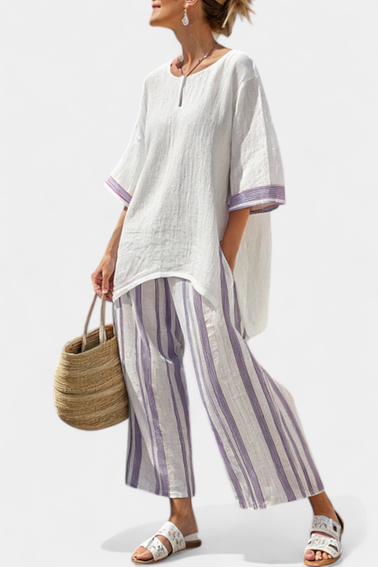 Allegra – blusa cómoda y pantalones a rayas de bambú