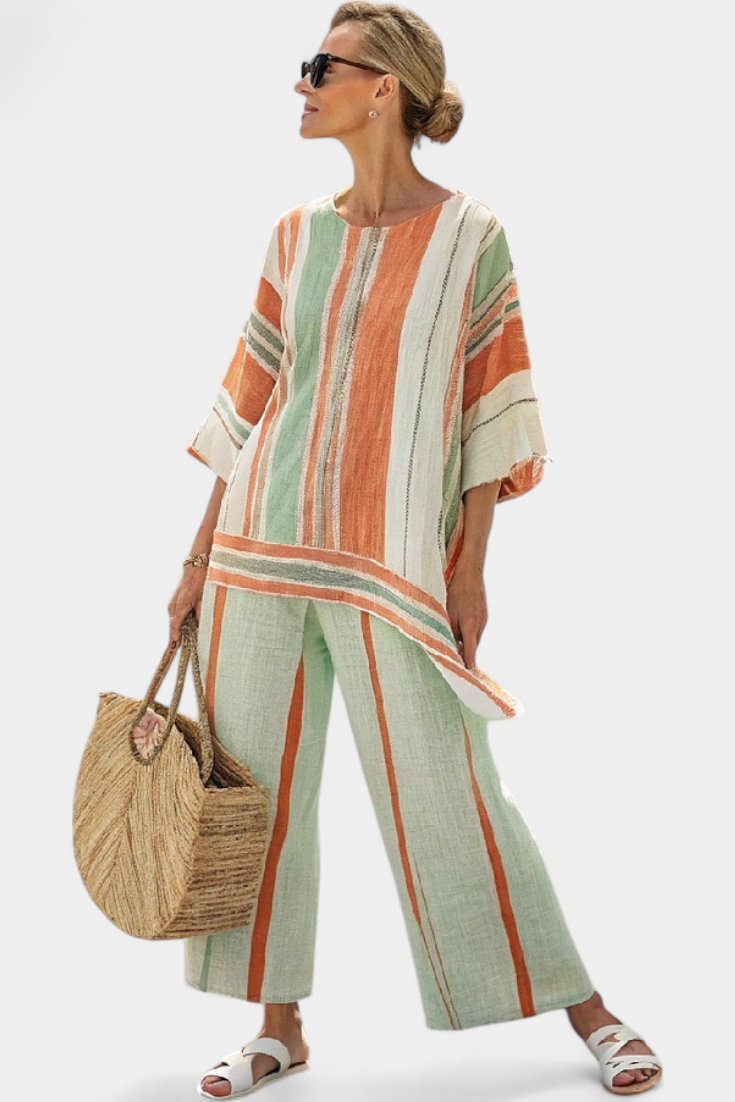 Elisabetta – top asimétrico elegante y pantalones de pierna ancha