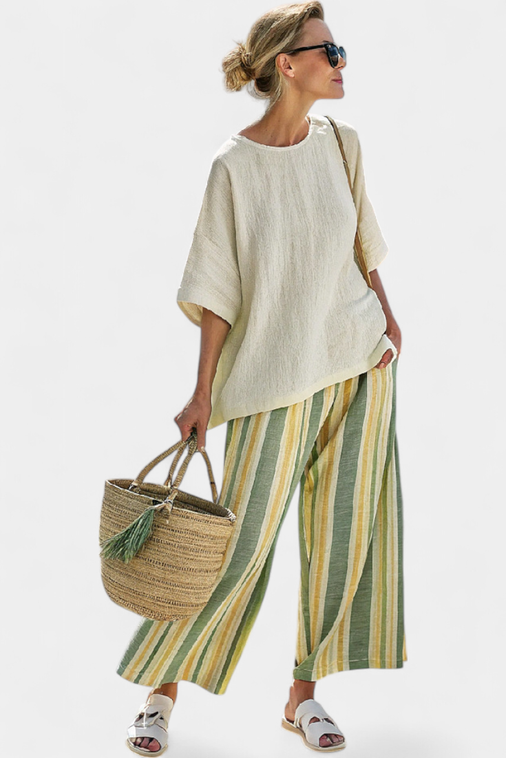 Caterina – top sofisticado y pantalones de lino a rayas