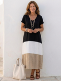 Thalia | Vestido Midi de Cuello en V y Manga Corta en Bloques de Color