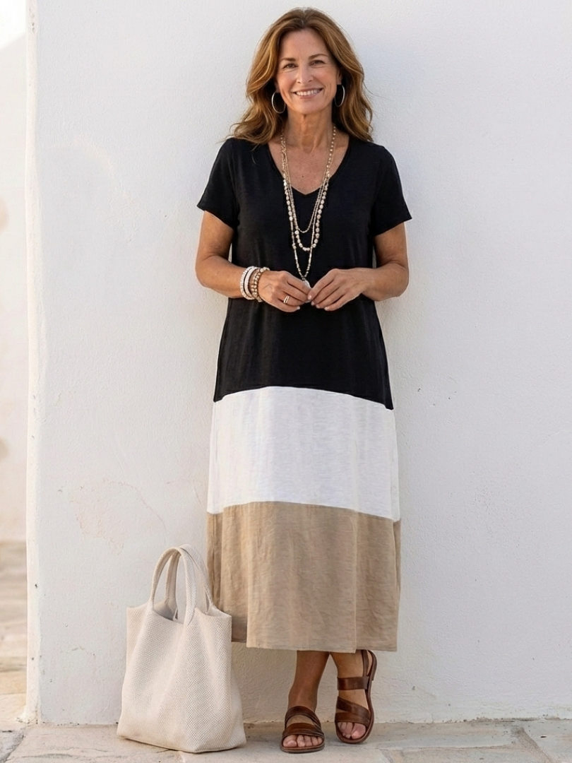 Thalia | Vestido Midi de Cuello en V y Manga Corta en Bloques de Color