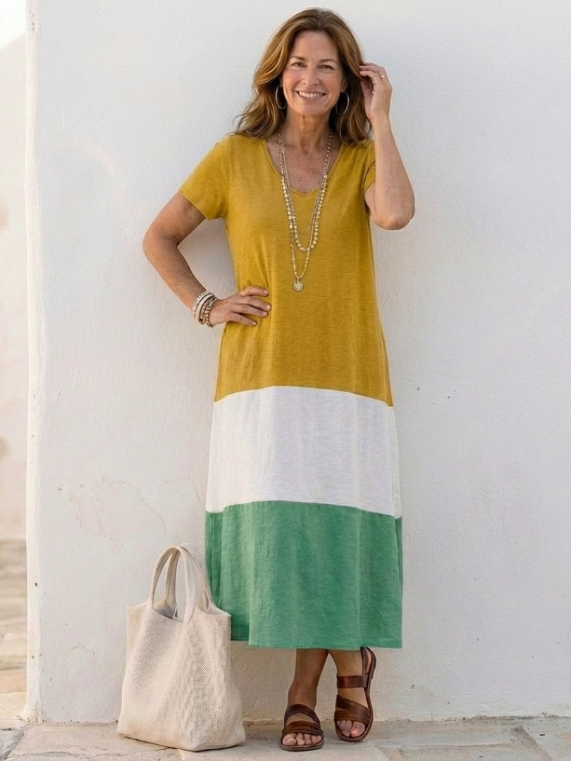 Thalia | Vestido Midi de Cuello en V y Manga Corta en Bloques de Color
