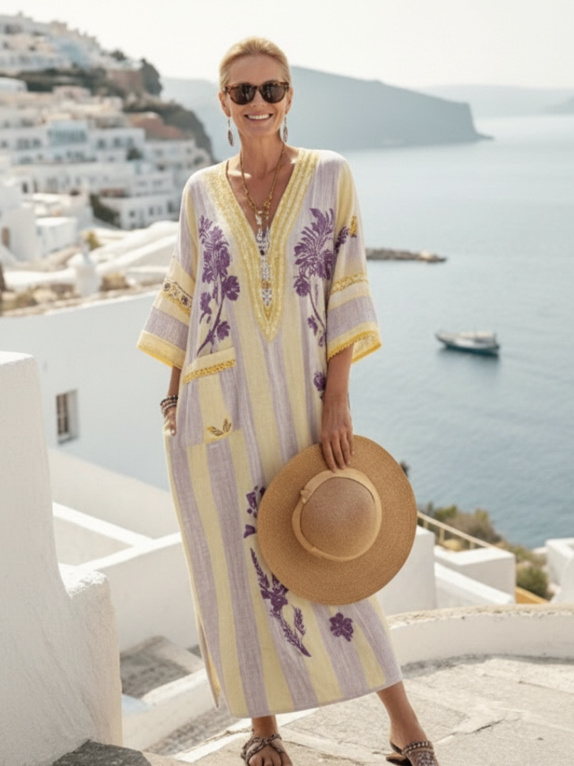 Aurelia | Vestido Maxi Floral a Rayas con Cuello en V y Manga Corta