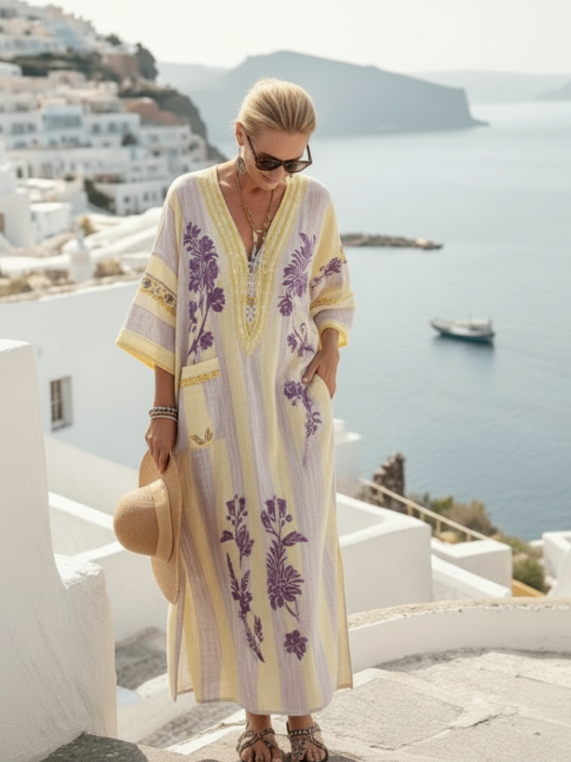Aurelia | Vestido Maxi Floral a Rayas con Cuello en V y Manga Corta