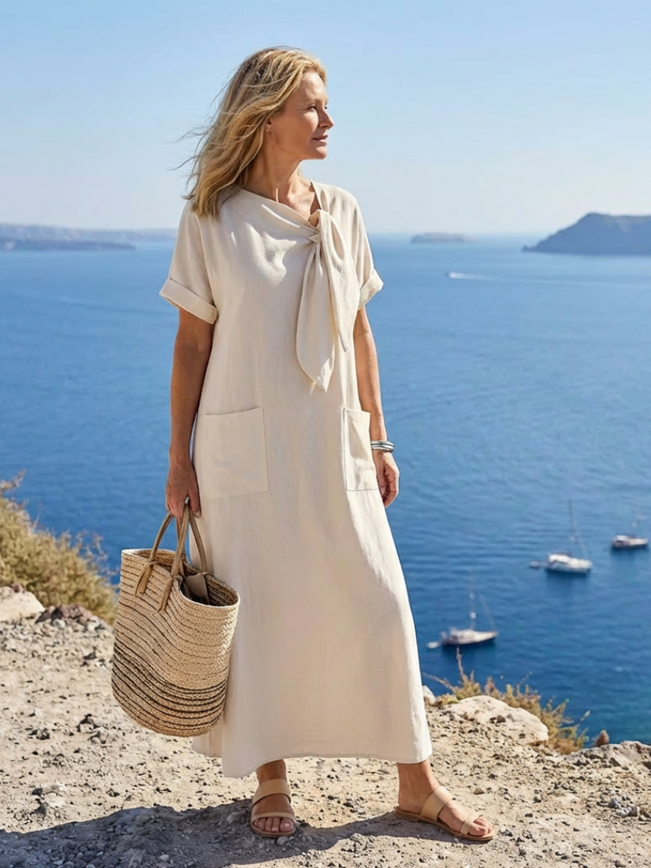 Elowyn | Vestido Maxi de Cuello Redondo y Manga Corta con Bolsillo