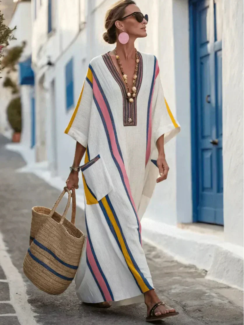 Noemi | Vestido Maxi con Cuello en V y Manga Corta con Bolsillos