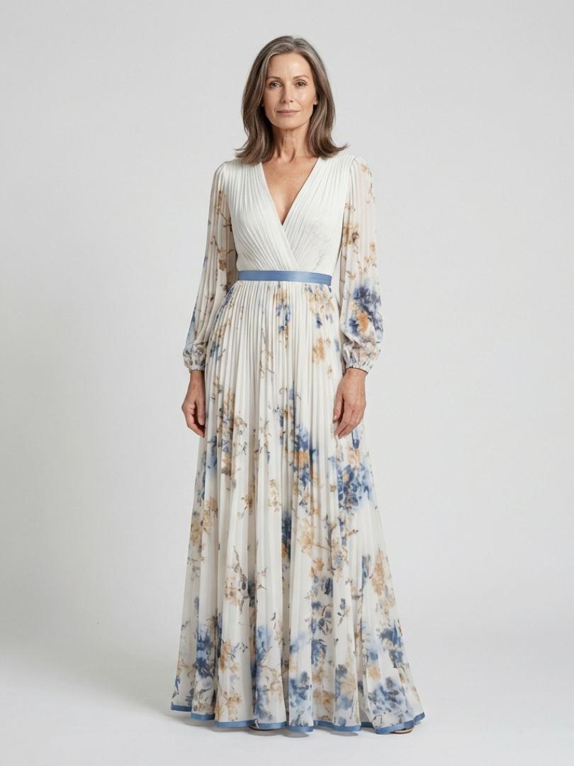 Lavinia | Vestido Maxi Floral de Manga Larga con Escote en V
