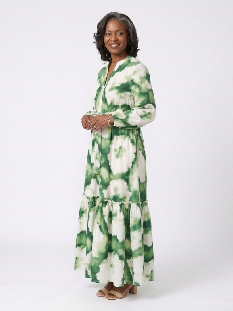 Sabine | Vestido largo de manga larga con cintura ajustable y volantes