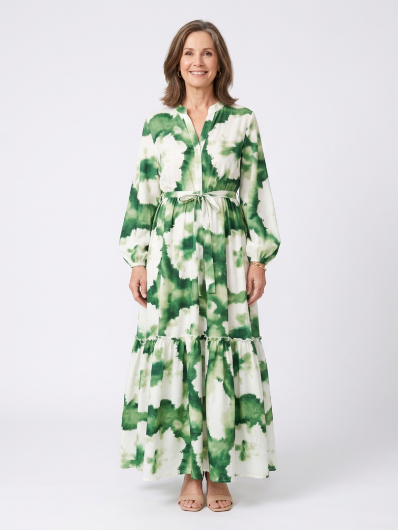 Sabine | Vestido largo de manga larga con cintura ajustable y volantes