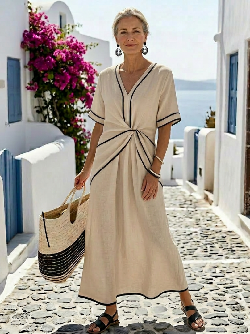 Linnea | Vestido Midi de Manga Corta con Escote en V y Cintura Fruncida