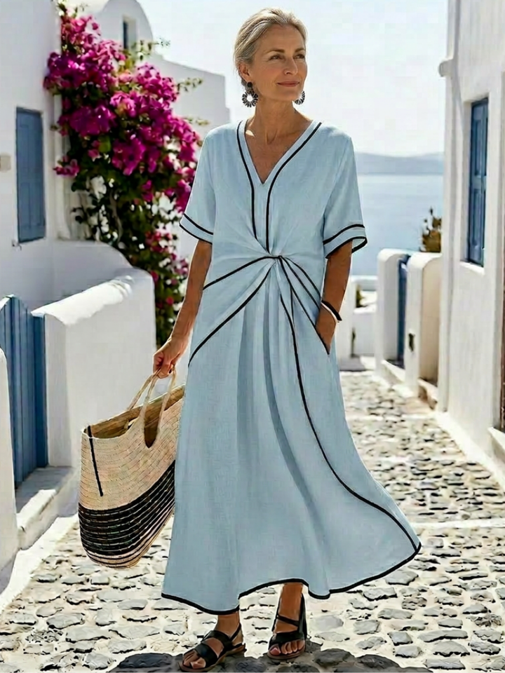 Linnea | Vestido Midi de Manga Corta con Escote en V y Cintura Fruncida