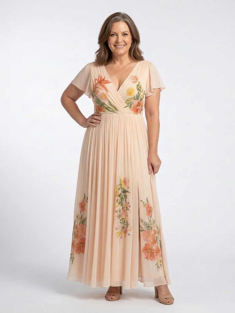 Calista | Vestido Maxi Floral de Manga Corta con Escote en V