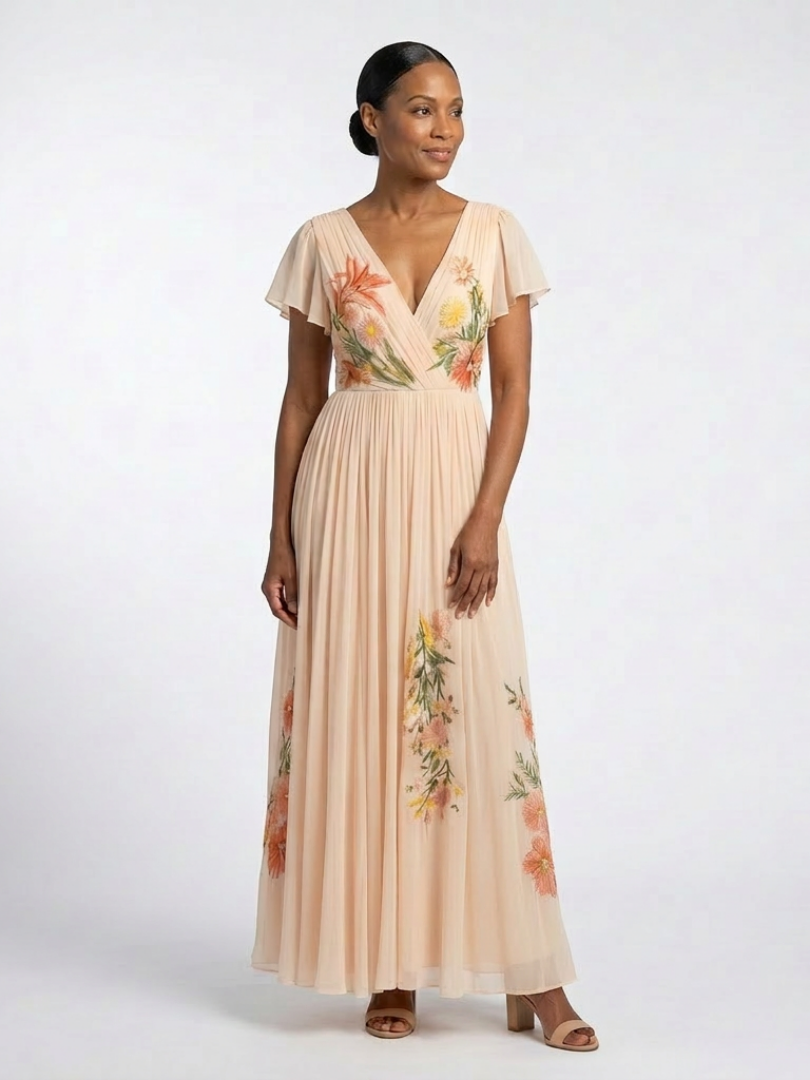 Calista | Vestido Maxi Floral de Manga Corta con Escote en V