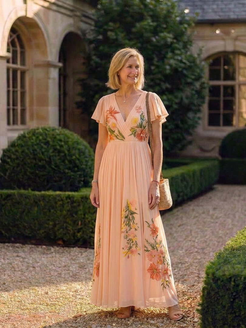 Calista | Vestido Maxi Floral de Manga Corta con Escote en V