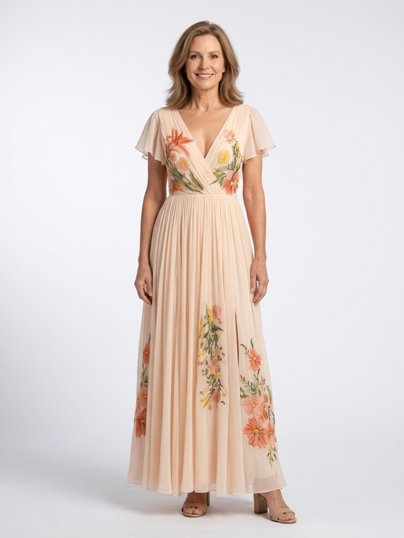 Calista | Vestido Maxi Floral de Manga Corta con Escote en V