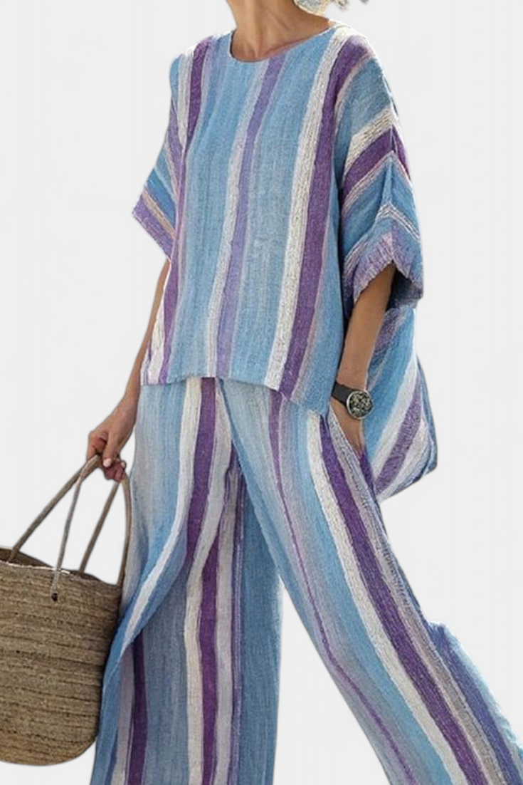 Ginevra – top pastello mauve elegante y pantalones de lino a rayas