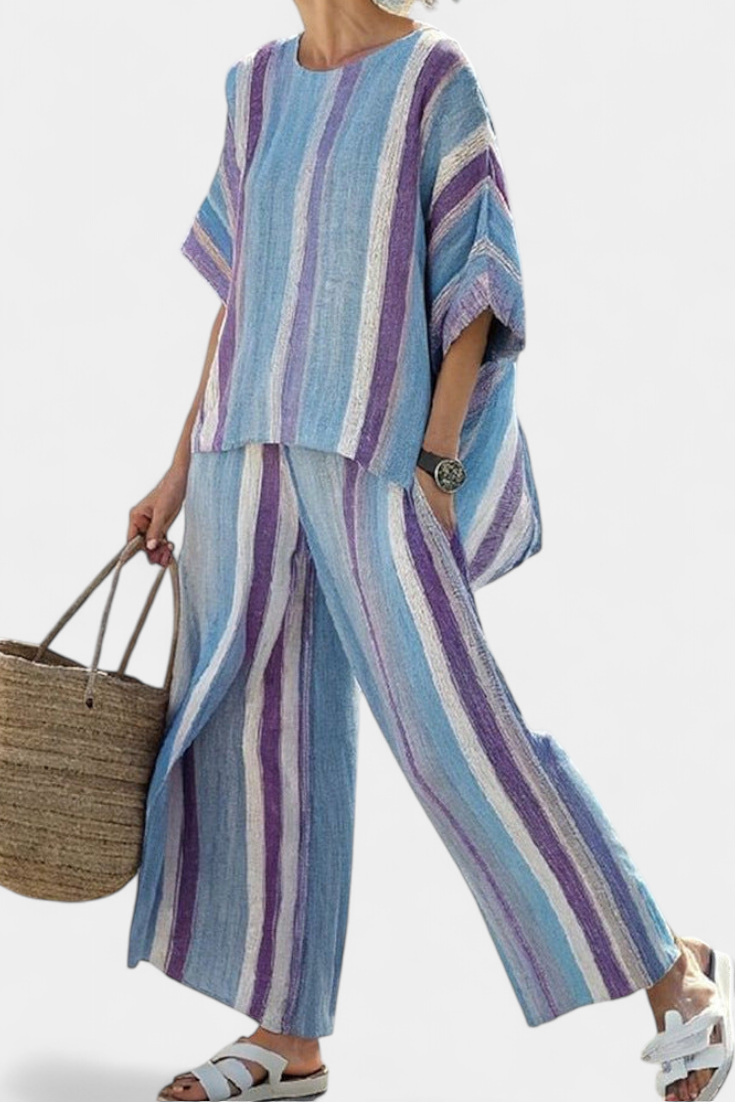 Ginevra – top pastel malva elegante y pantalones de lino a rayas