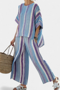 Ginevra – top pastel malva elegante y pantalones de lino a rayas