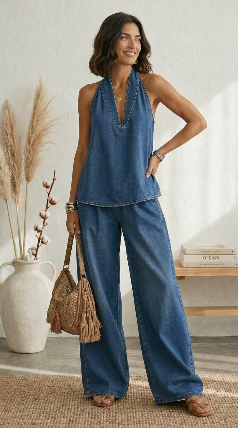Ariadna Conjunto Azul Verano Pernera Fluida