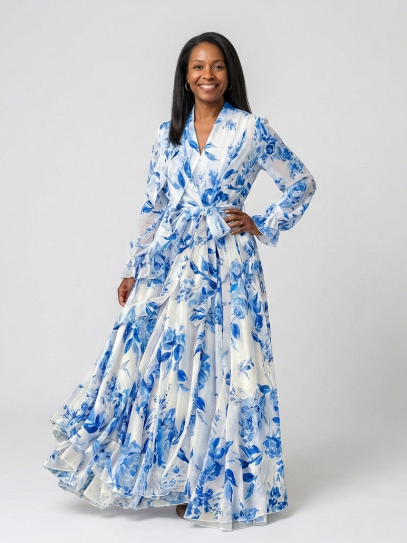 Lillian | Vestido Maxi Envoltura de Manga Larga Floral